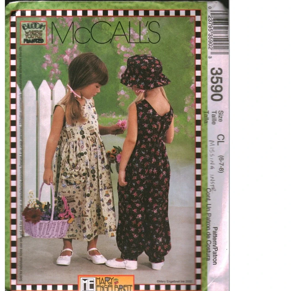 McCall's 3590 Mary Engelbreit Girls Dress Jumpsuit Hat Sewing Pattern Size 6-7-8